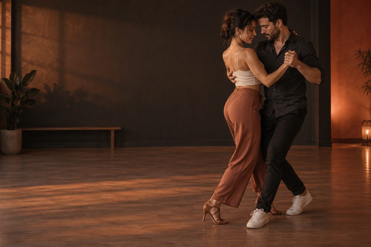 Ein Bachata-Paar übt konzentriert in einem ruhigen Studio.